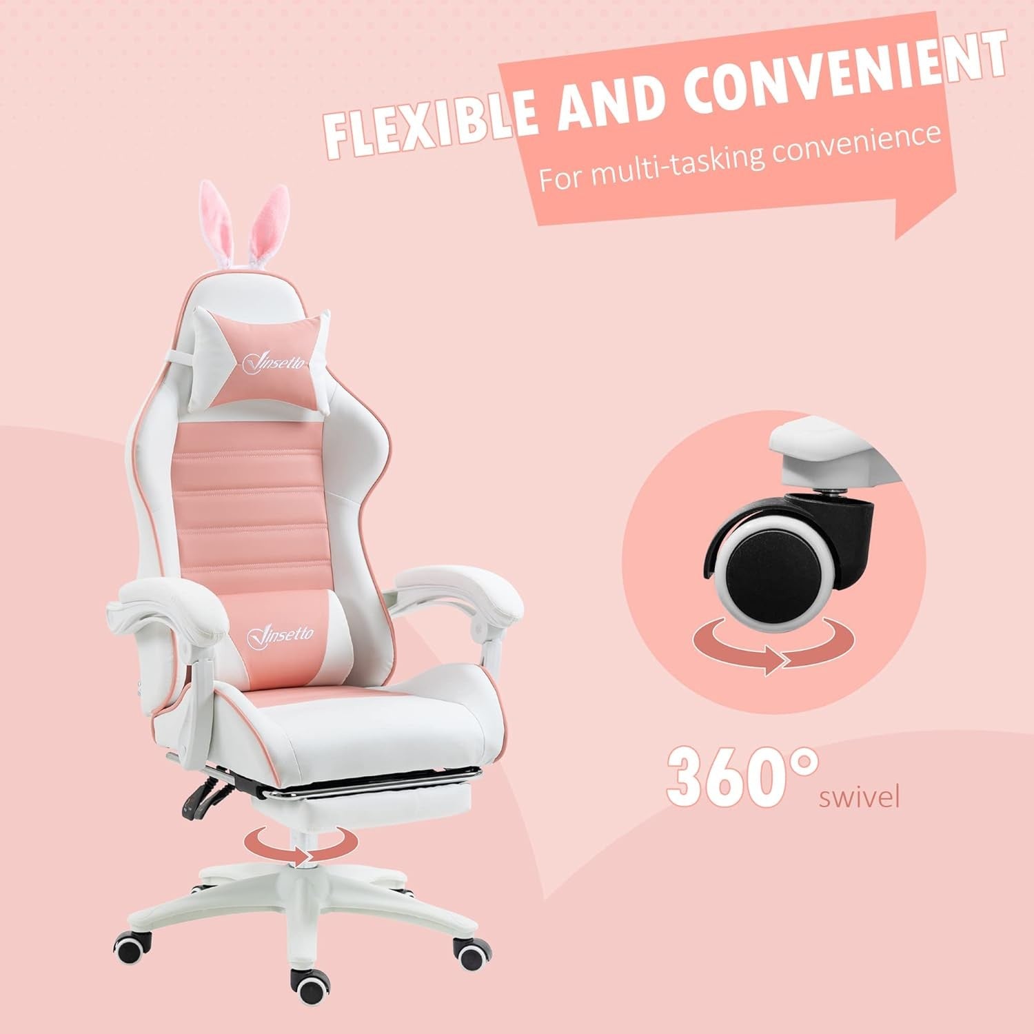 Pink Gaming Chair w/ Rabbit Ears Recliner Footrest Lumbar Support