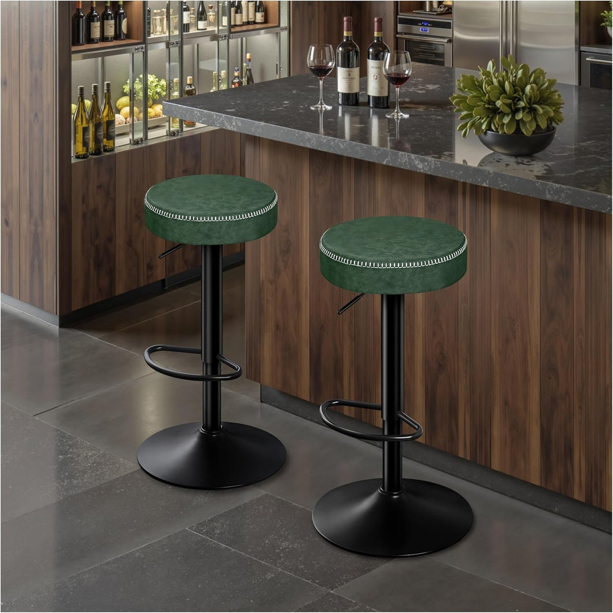 Adjustable Swivel Bar Stools Set of 2 Green Faux Leather 36x36x85.5cm