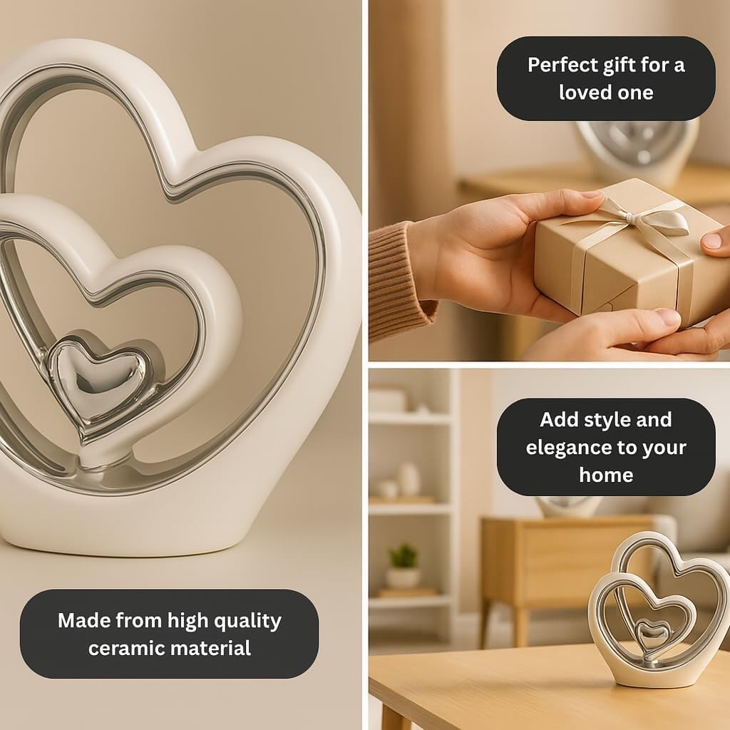 Silver Heart Ornament 25.5cm Ceramic Sculpture Modern Couple Wedding Gift Decor
