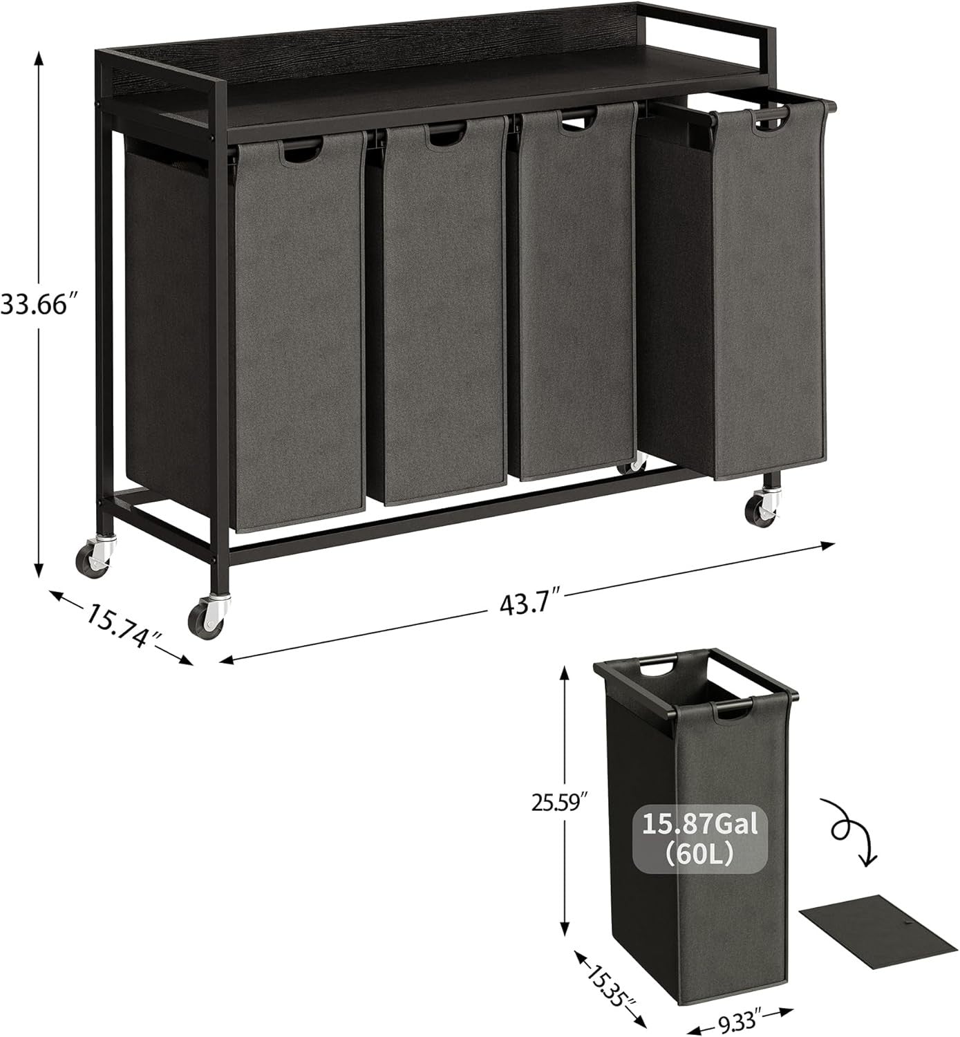 4 Section Laundry Hamper with Shelf Removable Bags Wheels Black Grey 240L