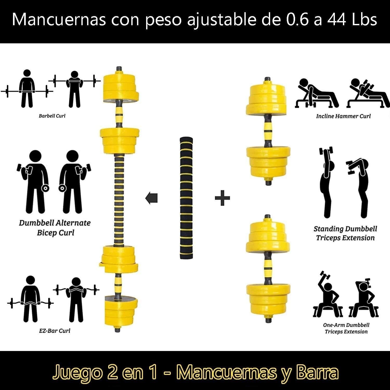44LB Adjustable Dumbbell Barbell Set 2-in-1 Non-Slip Home Gym Weights