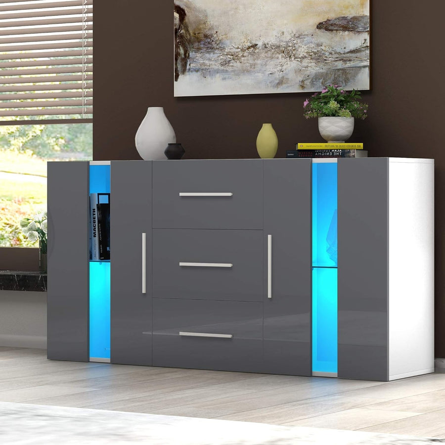 Grey LED Sideboard Cabinet Storage Unit RGB Glass 3 Drawer 2 Door Modern