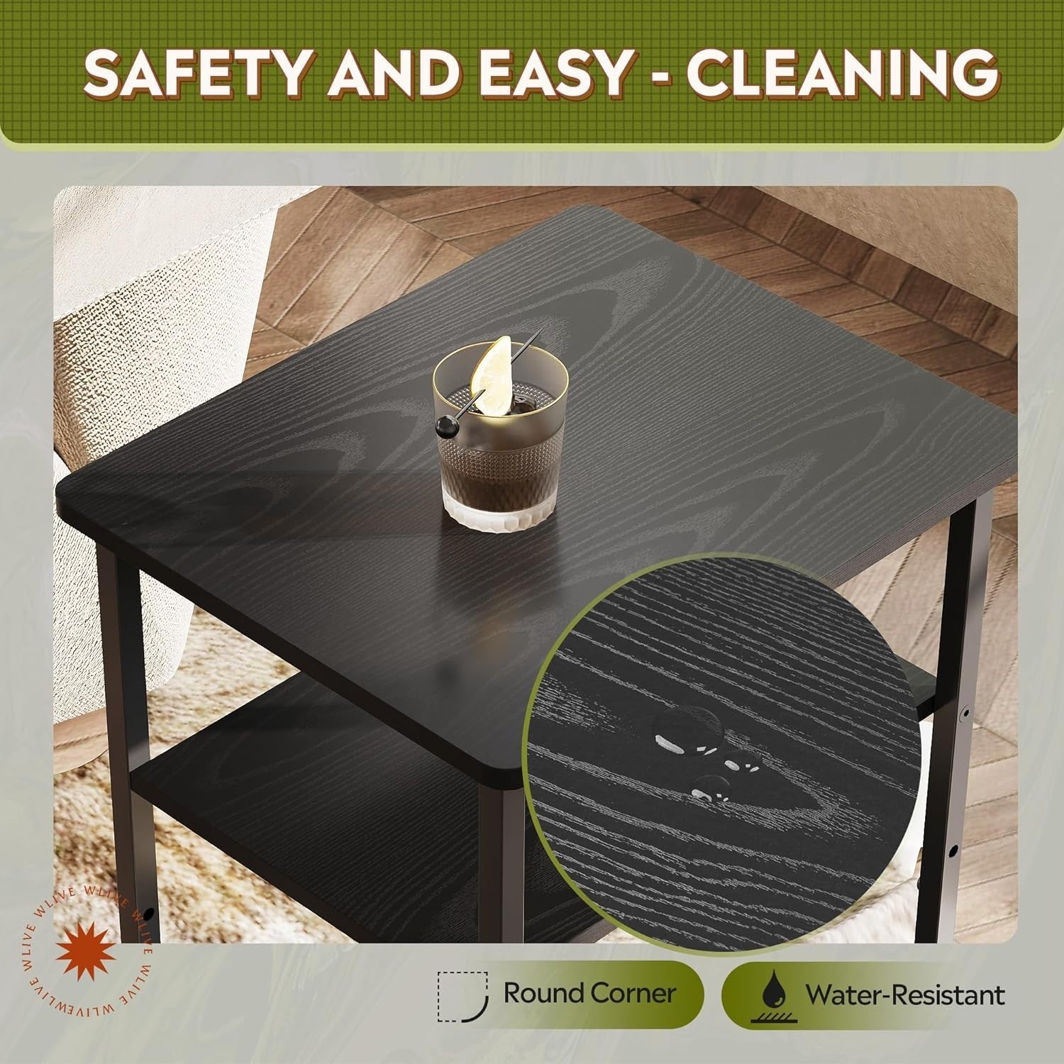 3-Tier Side Table – 56x37x31cm End Table Embossed Black Steel Frame