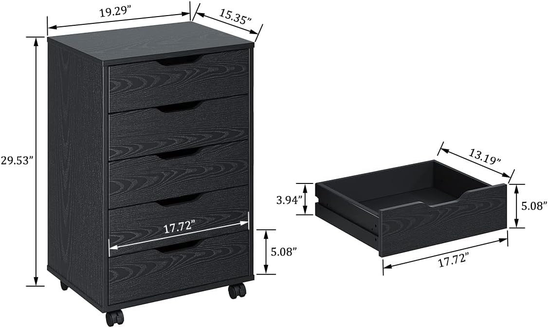 5 Drawer Mobile Filing Cabinet with Wheels Office Storage Chest Black