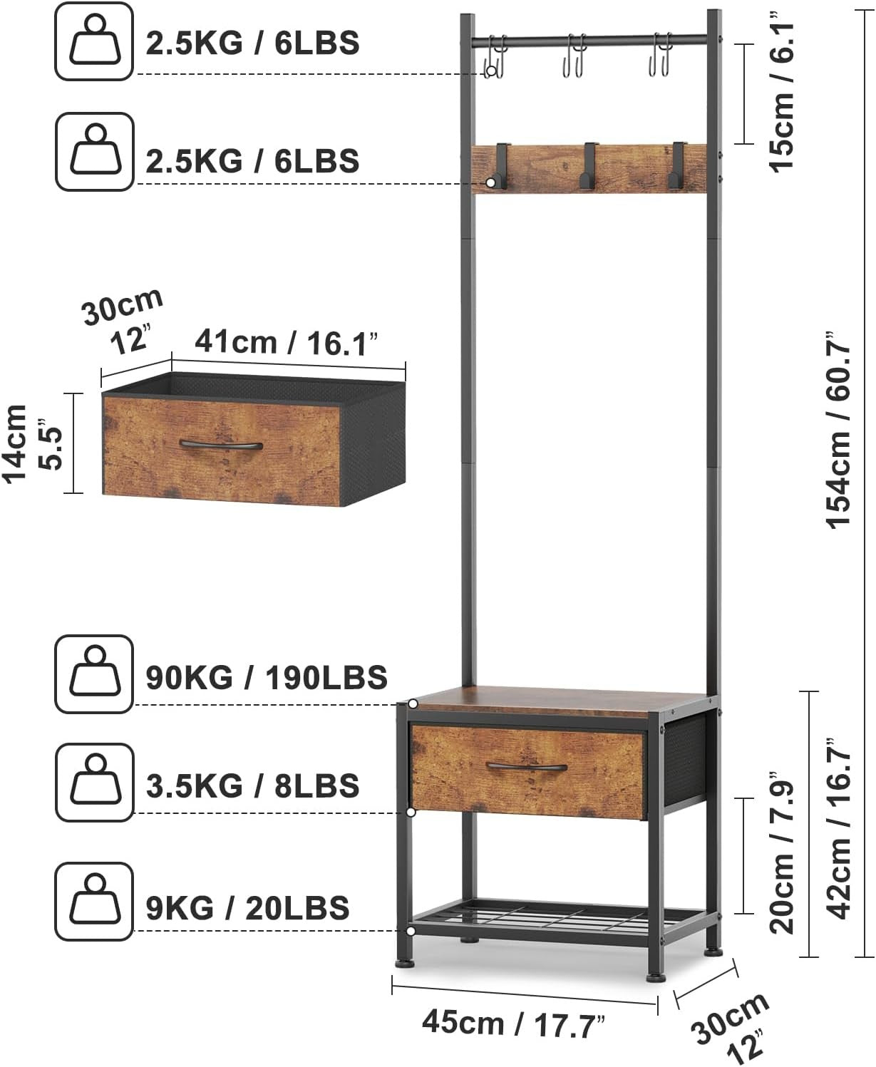 Wall Mounted Oak Coat Rack with Shelf | 9 Hooks Wooden Hanger for Hallway