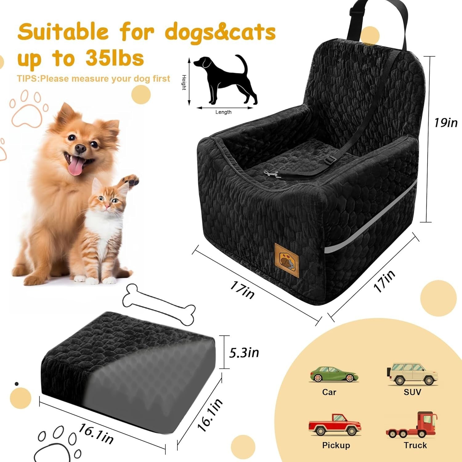 Memory Foam Dog Car Seat Booster Bed Washable Travel Carrier 35lb
