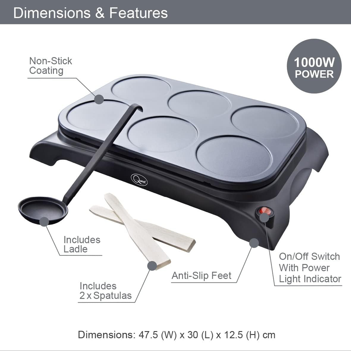 6-Mould Electric Pancake & Mini Grill 1000W Non-Stick with Tools