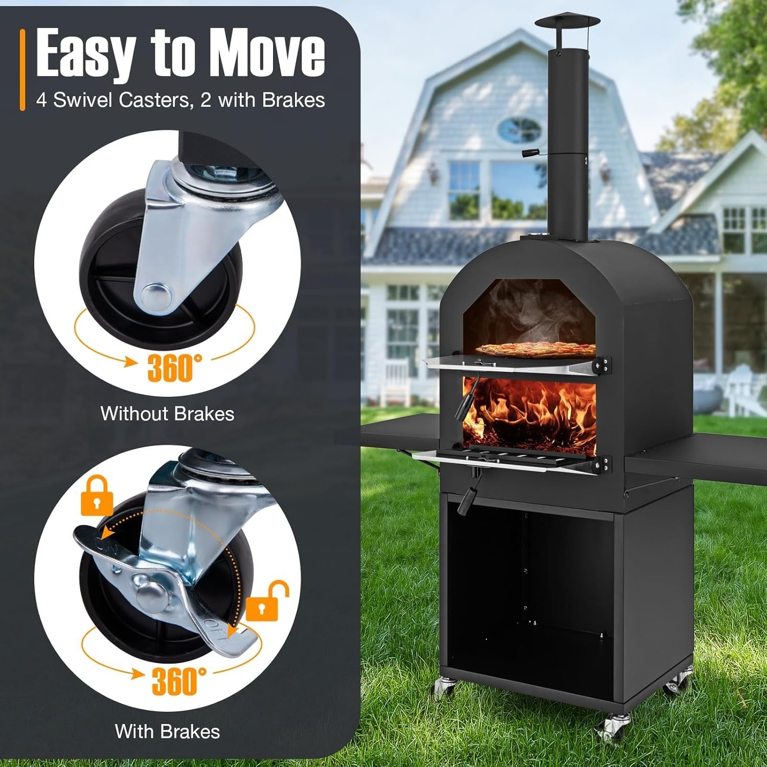 Outdoor Wood Fired Pizza Oven | BBQ Grill w/ Chimney, Shelves, Stone & Cover
