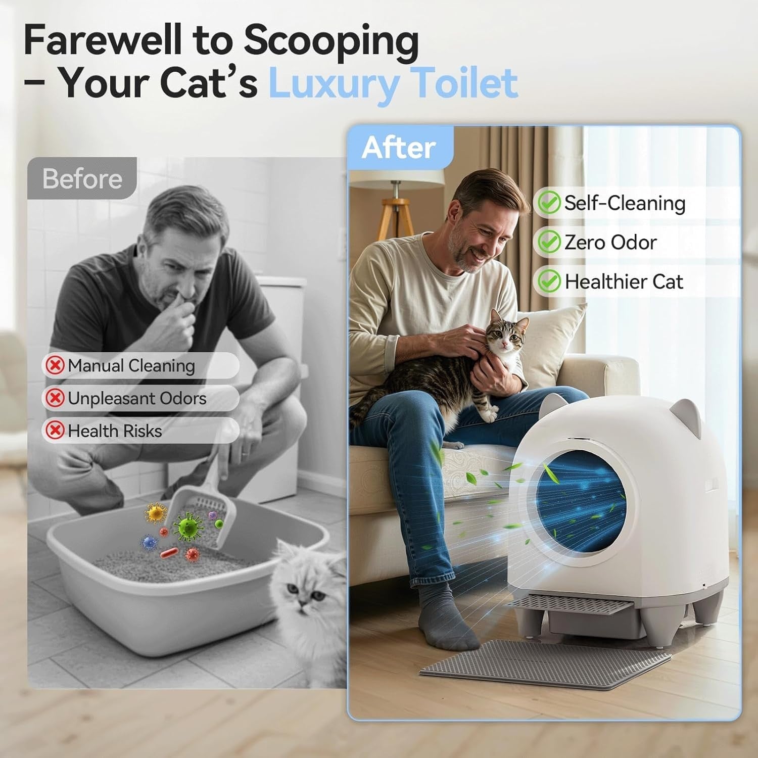 XXL Self Cleaning Cat Litter Box 90L APP Control Multi Cat White