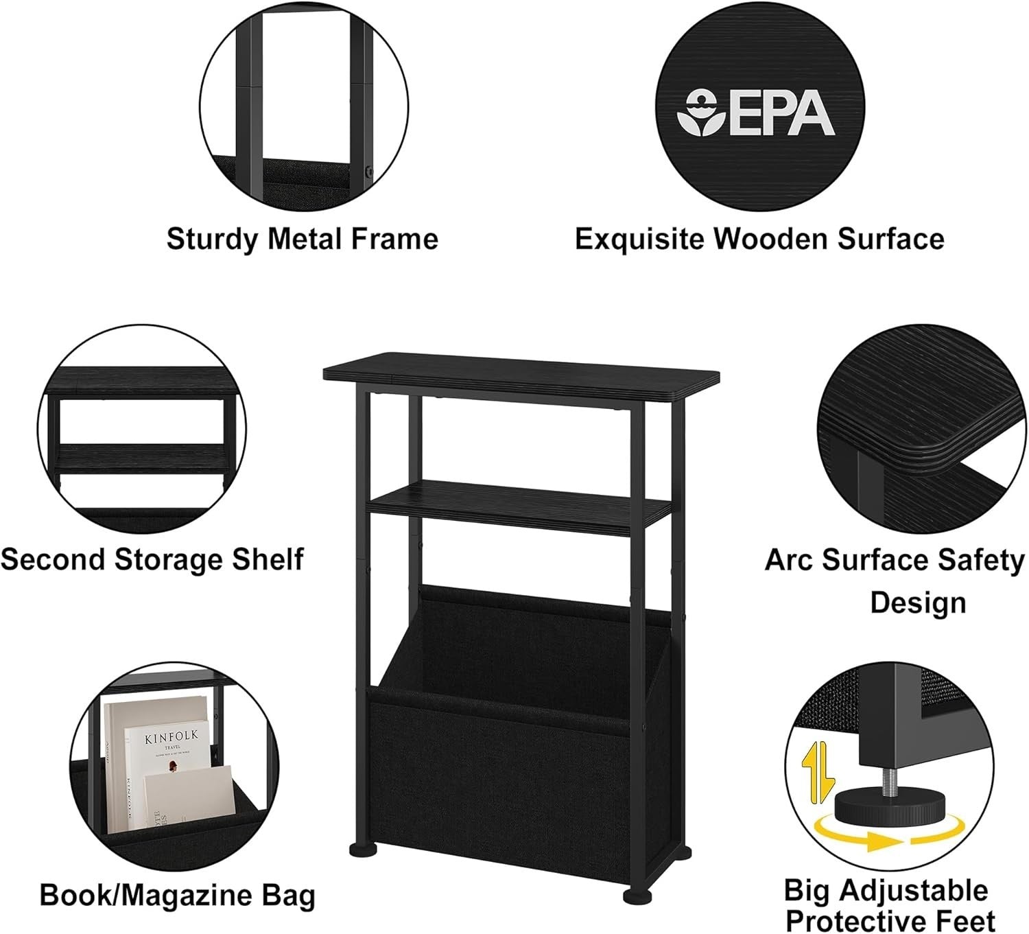 Slim Side Table with Basket Storage – 3-Tier Narrow Bedside Sofa Table Black