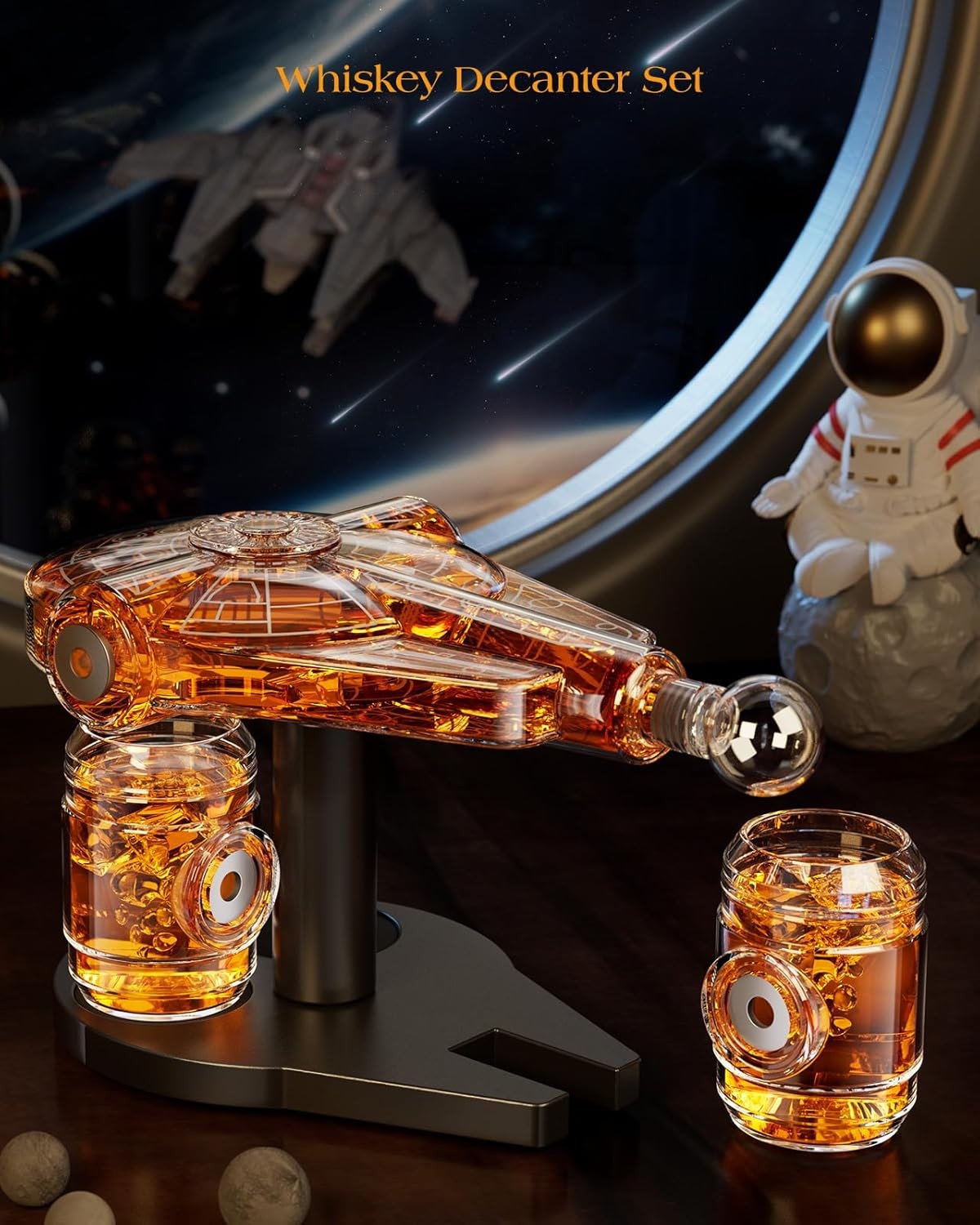 Spaceship Whiskey Decanter Set 840ml with Stand & 2 Shot Glasses Unique Gift