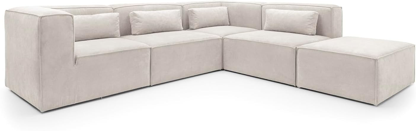 White Cord Chenille L-Shape Large Corner Sofa 5 Seater Modular Doris