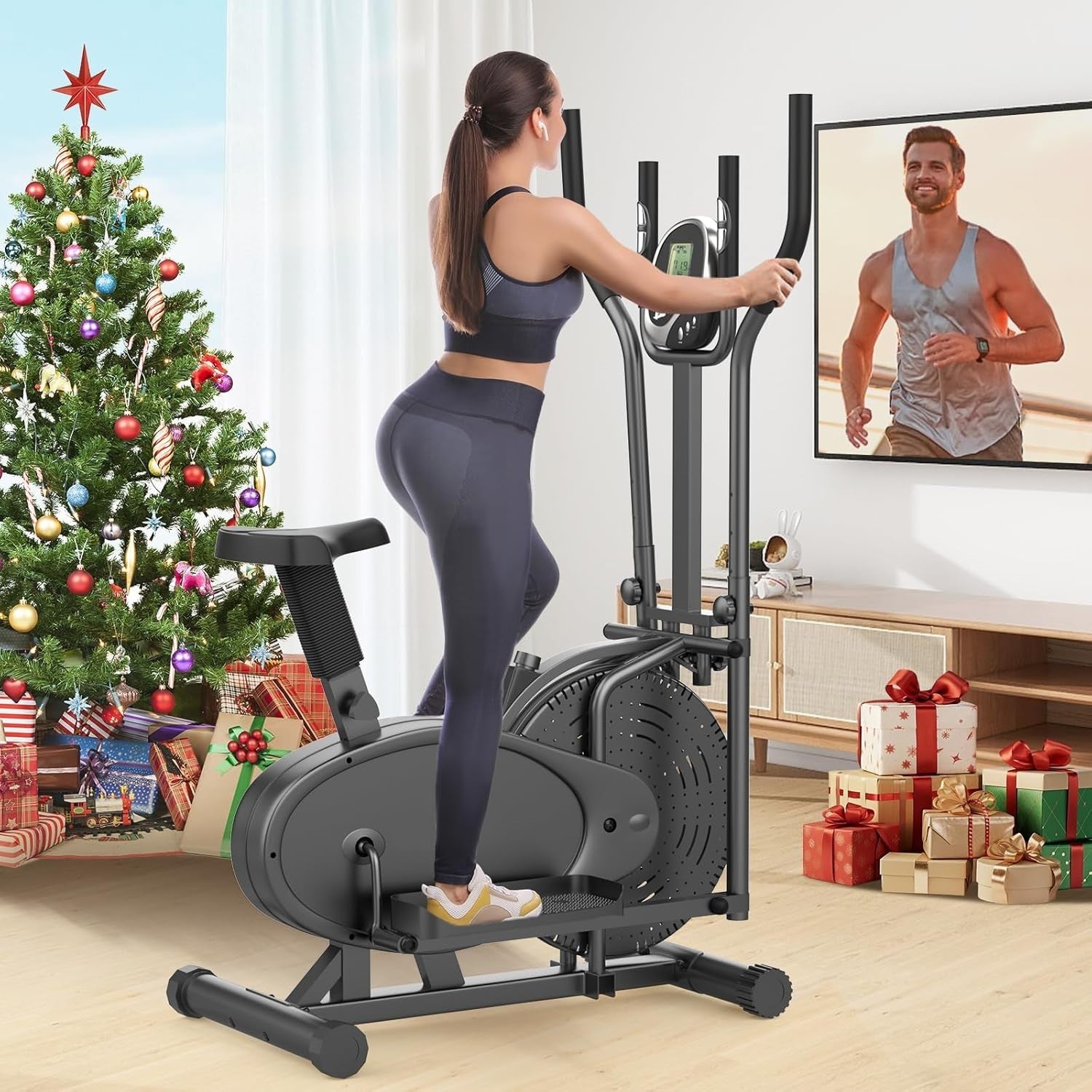 2-in-1 Elliptical Cross Trainer Exercise Bike Adjustable Seat Home Gym Machine