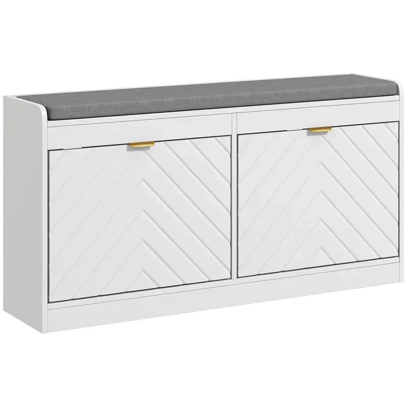 White Shoe Storage Bench with Cushion & Drawers – Hallway Seat Unit