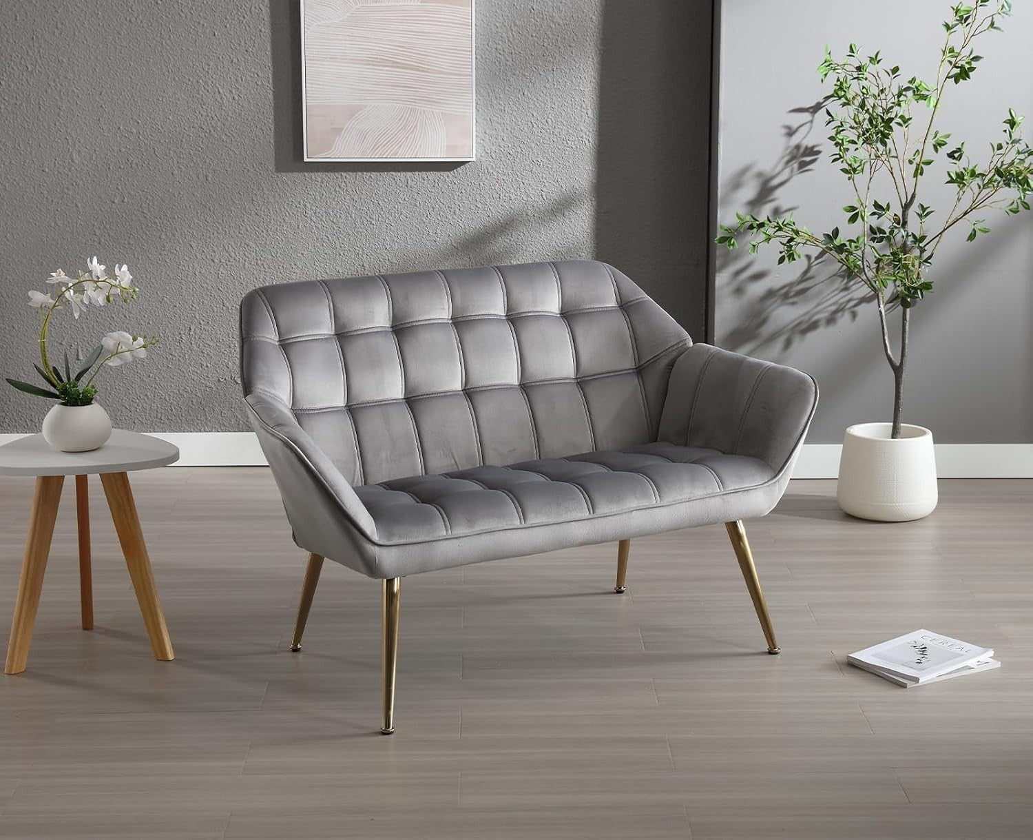 2 Seater Grey Velvet Sofa Loveseat Chair Metal Legs Modern Armchair