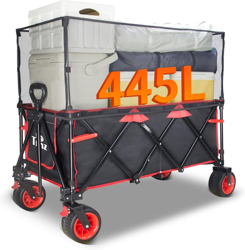 445L Extra Large Folding Wagon 120kg Load w/ Canopy Brakes Big Wheels Black Red