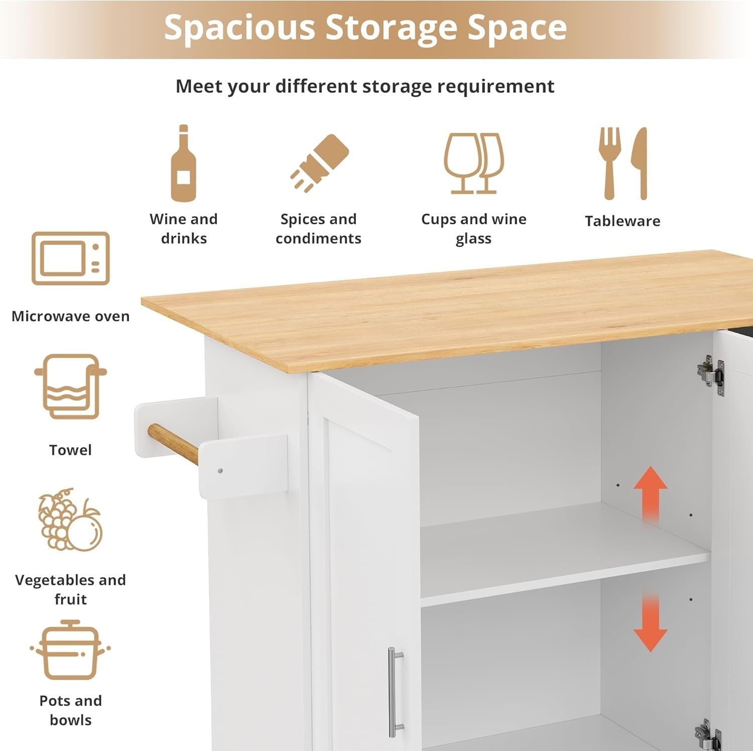 White Rolling Kitchen Island Foldable Worktop 135cm