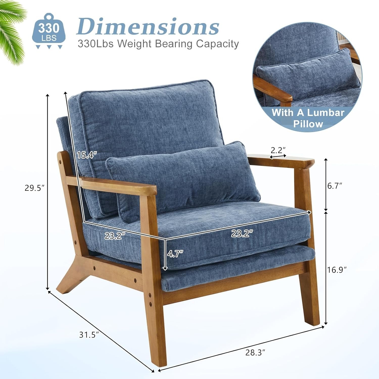Sea Blue Chenille Accent Chair – Solid Wood Lounge Armchair Wide Arm