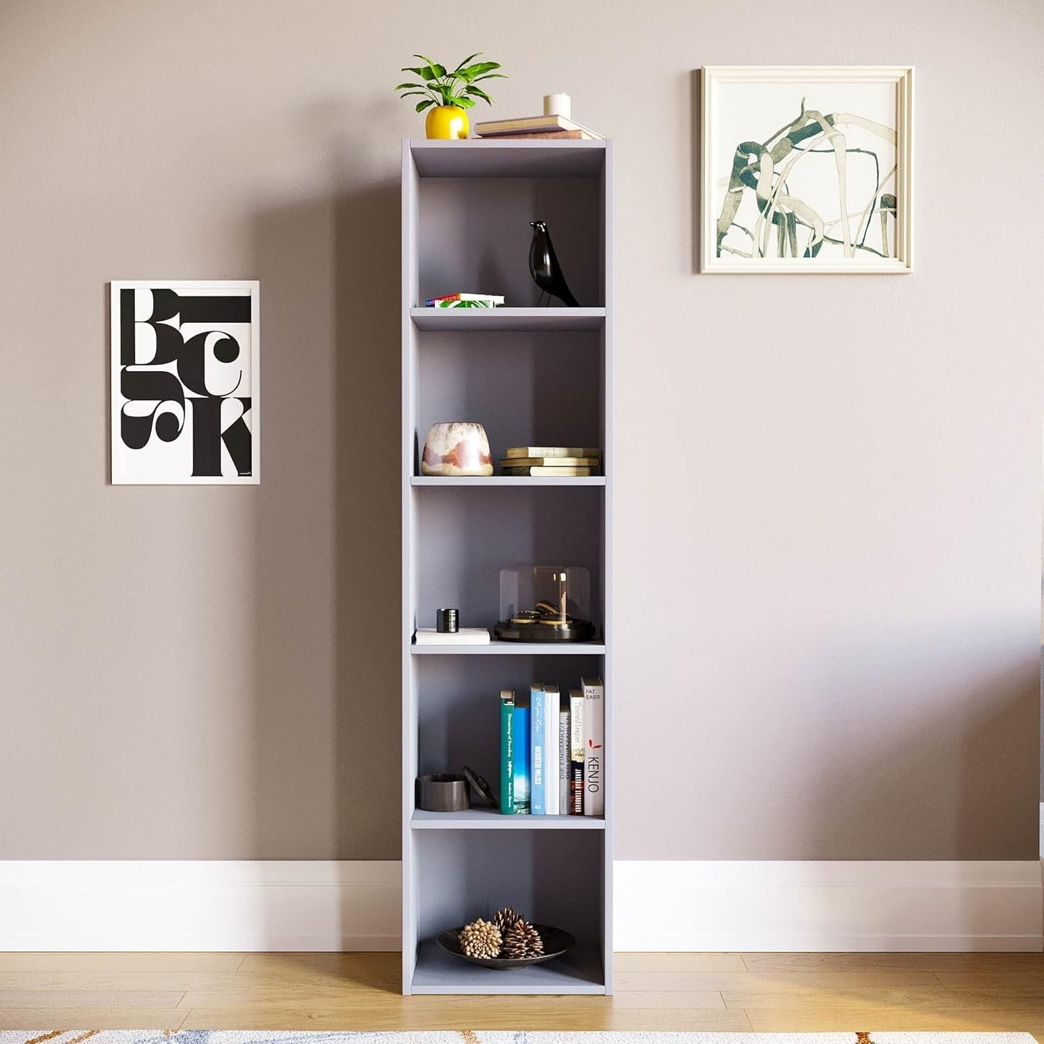 5 Tier Grey Wooden Cube Bookcase Small Storage Shelf for Living Room Office