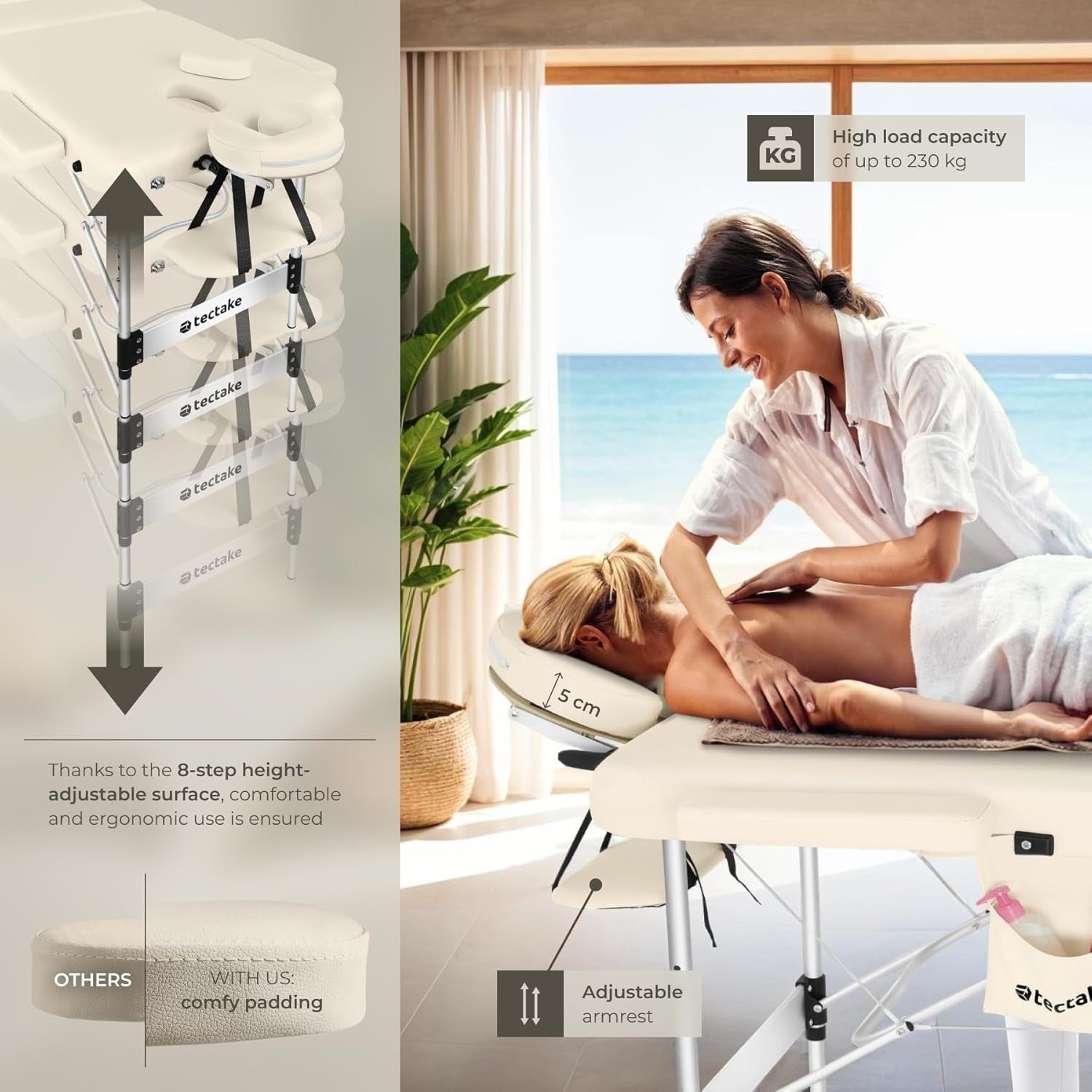 Portable 3 Zone Massage Table Foldable Aluminium Spa Beauty Bed 70cm Beige