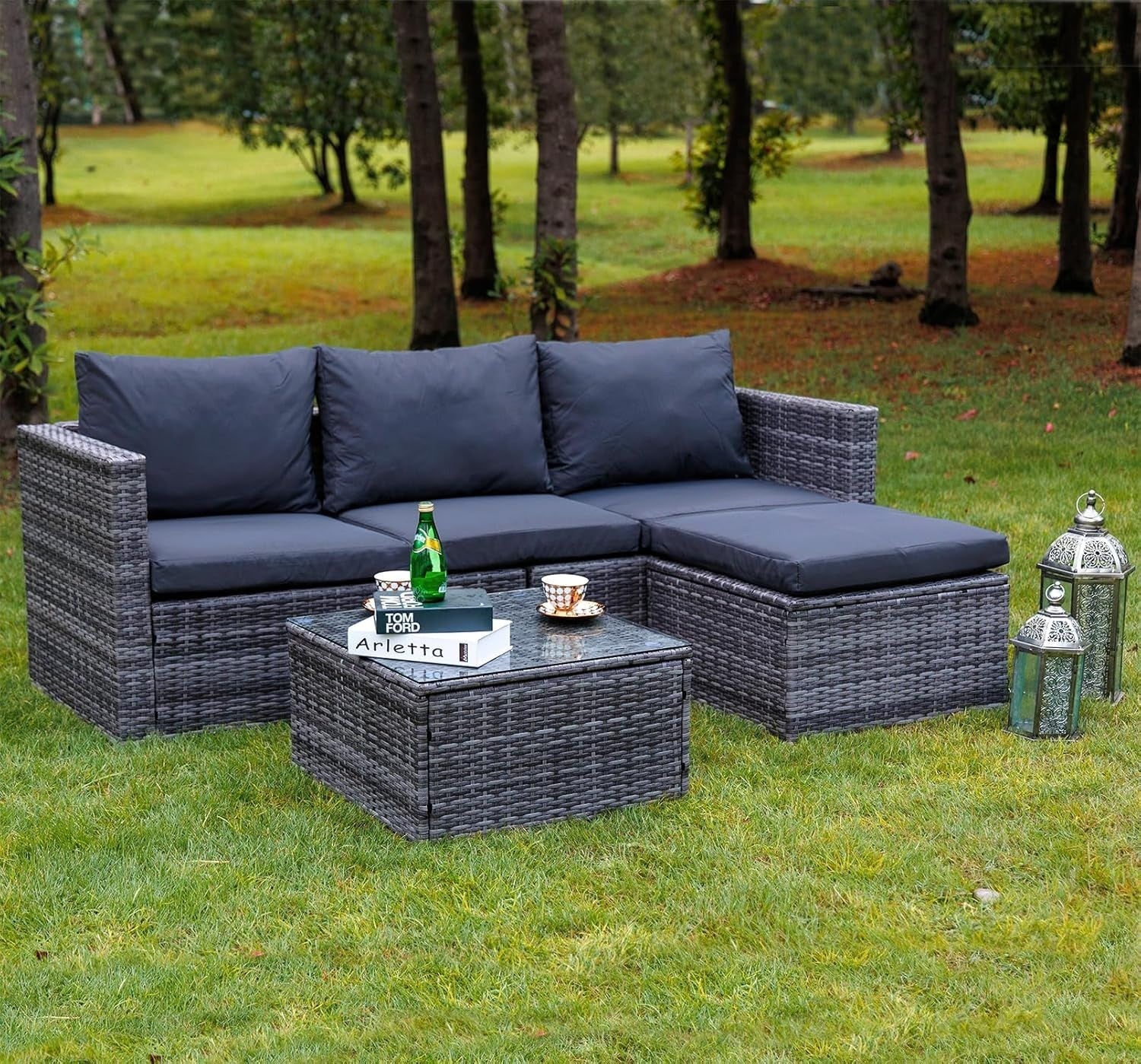 Rattan Corner Garden Sofa Set 4 Seater w/Table & Cushions Outdoor