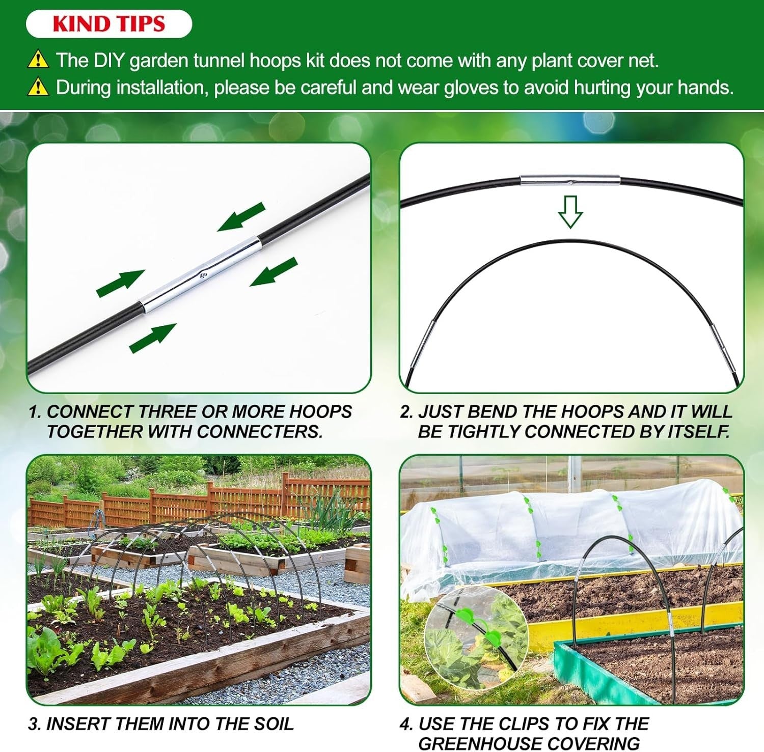30pcs Garden Hoops for Raised Beds Fiberglass Grow Tunnel Kit with Clips & Pegs