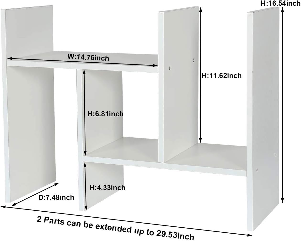 Adjustable White Wood Desktop Bookshelf 3-Tier Desk Organizer Storage