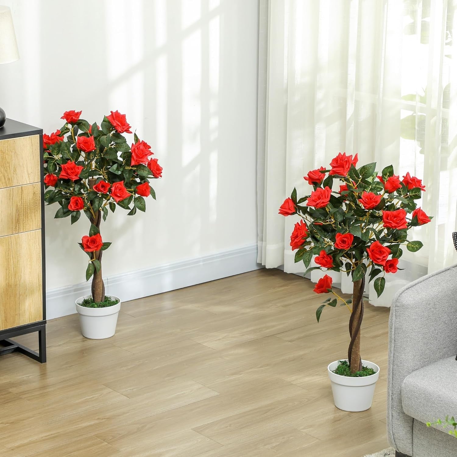 Set of 2 Artificial Rose Trees 90cm Red Faux Flower Plants Home Garden Decor