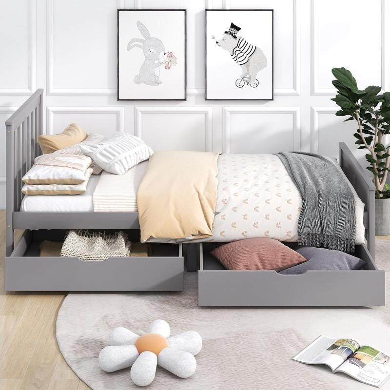 3FT Single Grey Wooden Bed Frame with Storage Drawers Kids Adults Solid Pine