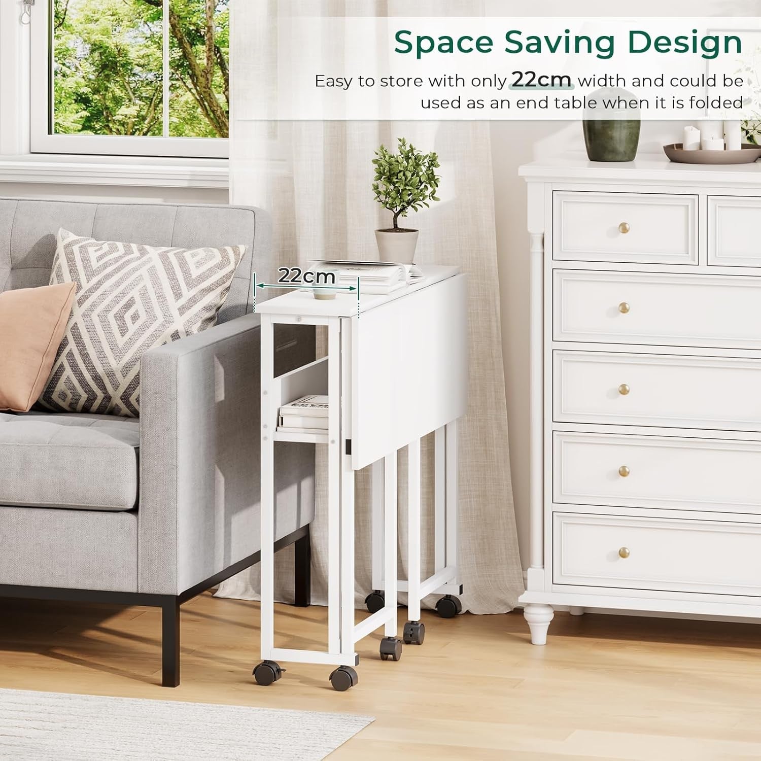 Folding Computer Desk Rolling Laptop Table with Storage Shelf Wheels White