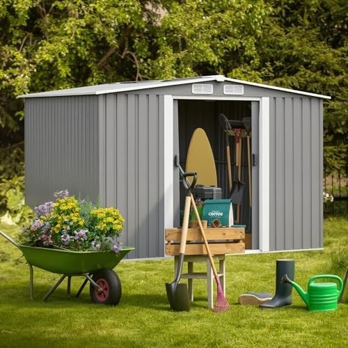 8x6FT Metal Garden Shed Lockable Tool Storage House Green/Grey