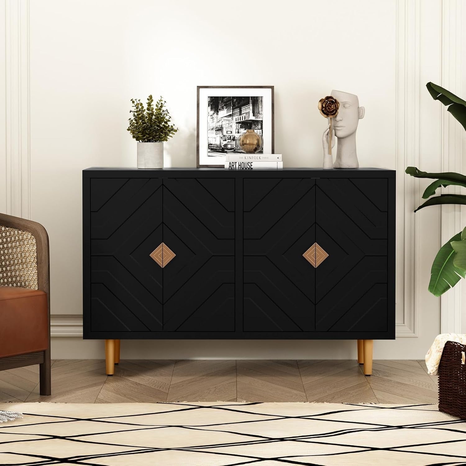 Black Modern Sideboard Cabinet 4 Doors Waterproof Storage Buffet Table
