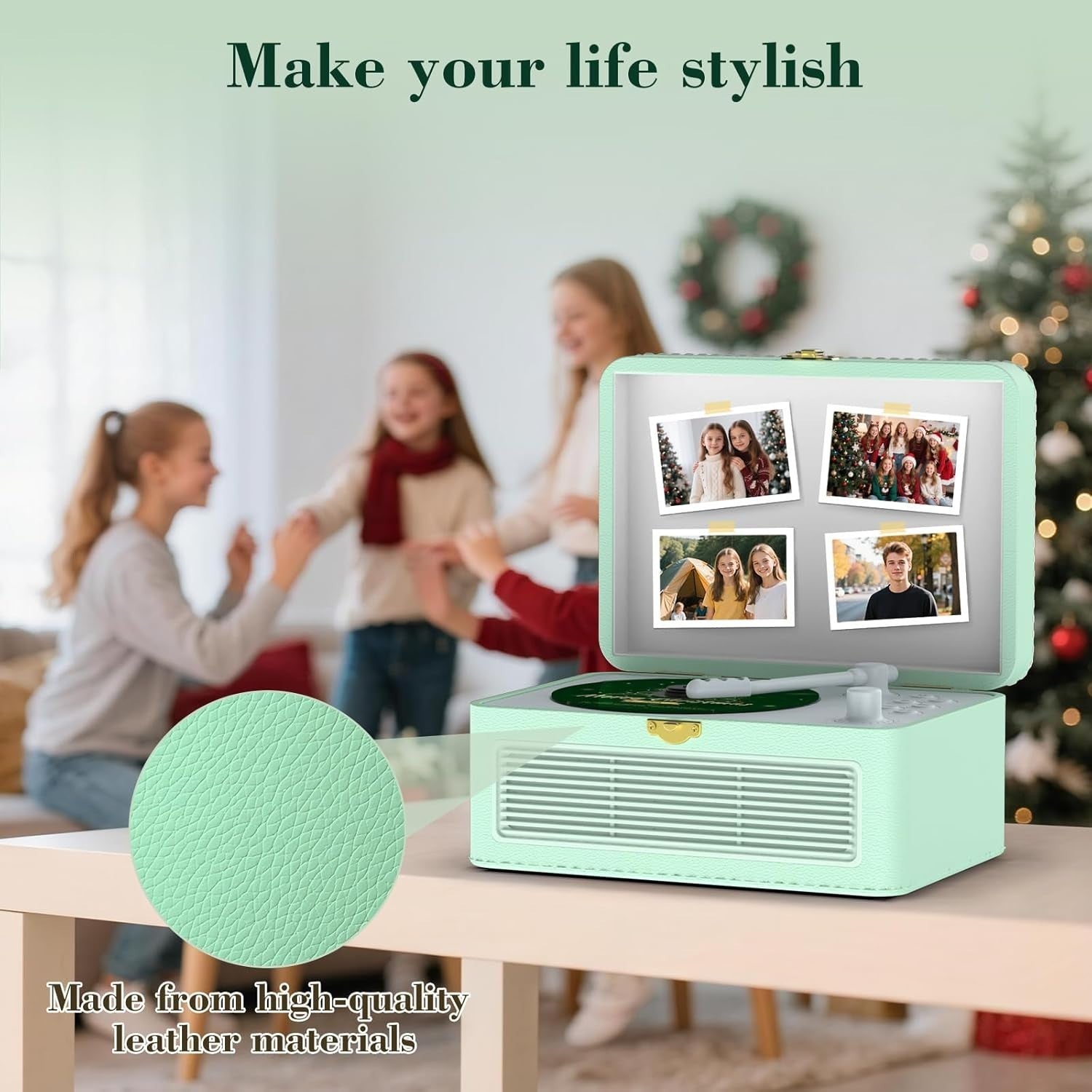 Retro Bluetooth CD Player FM Radio USB AUX HiFi Speakers Green PU