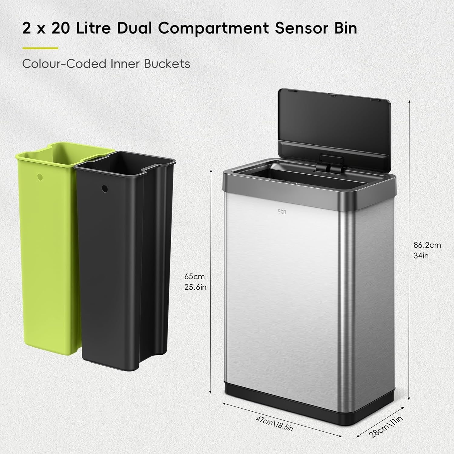 40L Double Recycling Sensor Bin Brushed Steel