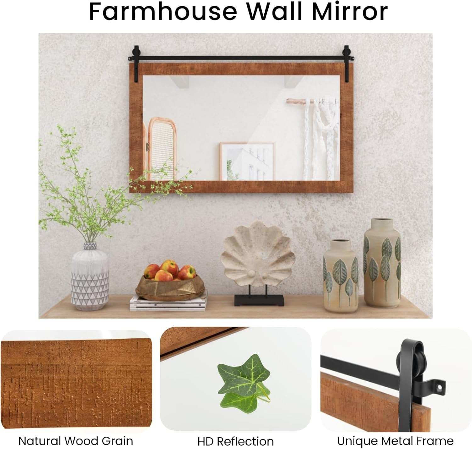 Rustic Wood Wall Mirror 101x66cm Farmhouse Style for Bathroom or Hall