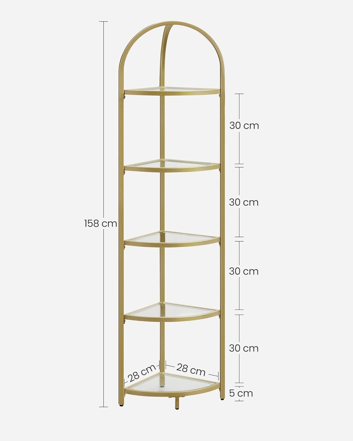 5-Tier Gold Corner Shelf Tower Modern Glass Display Unit for Living Spaces
