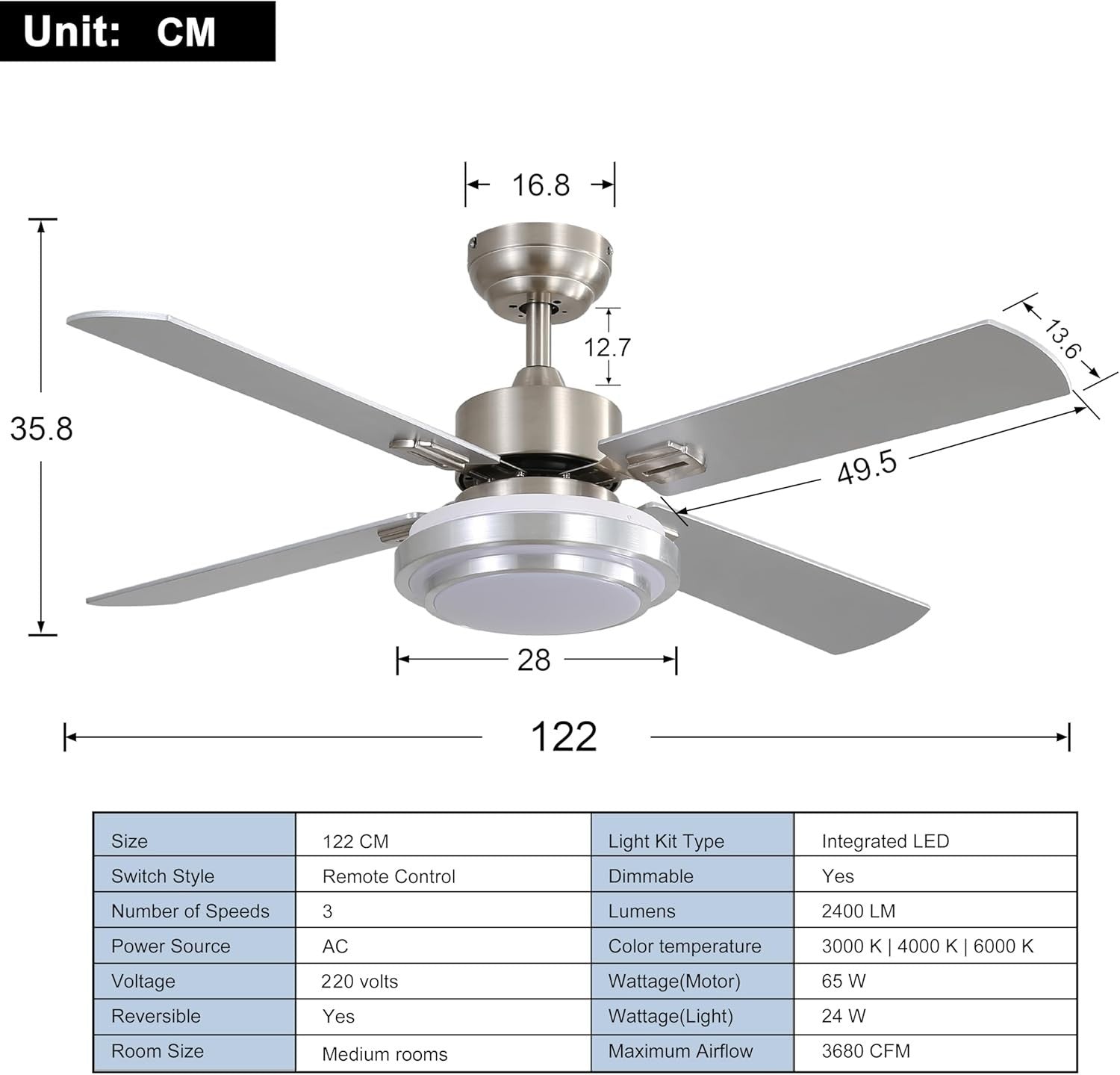 48" Ceiling Fan with LED Light, 4 Blades, Remote, Dimmable & Reversible, Nickel