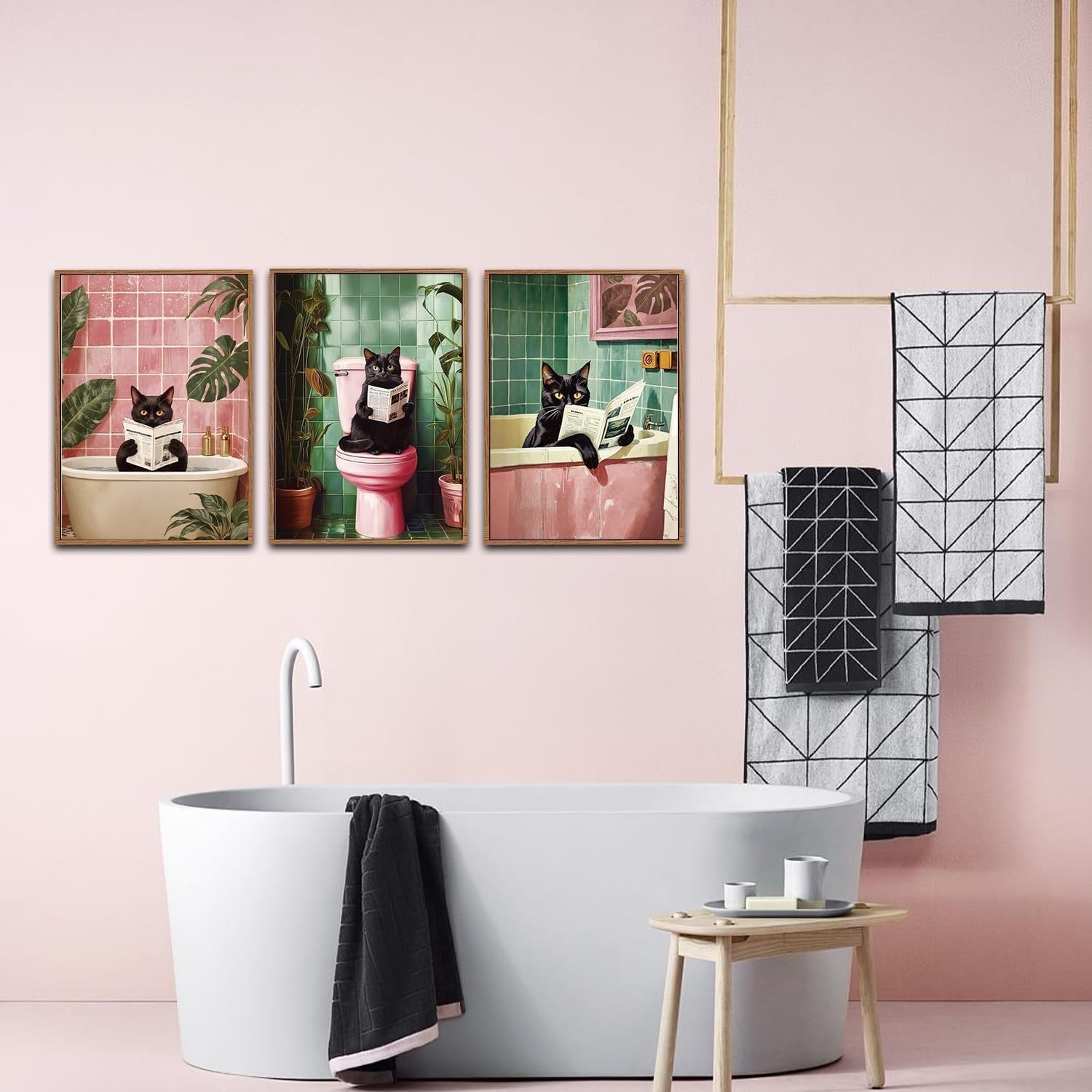 Funny Black Cat Bathroom Framed Canvas Wall Art Set 3 Pink Green Toilet Decor
