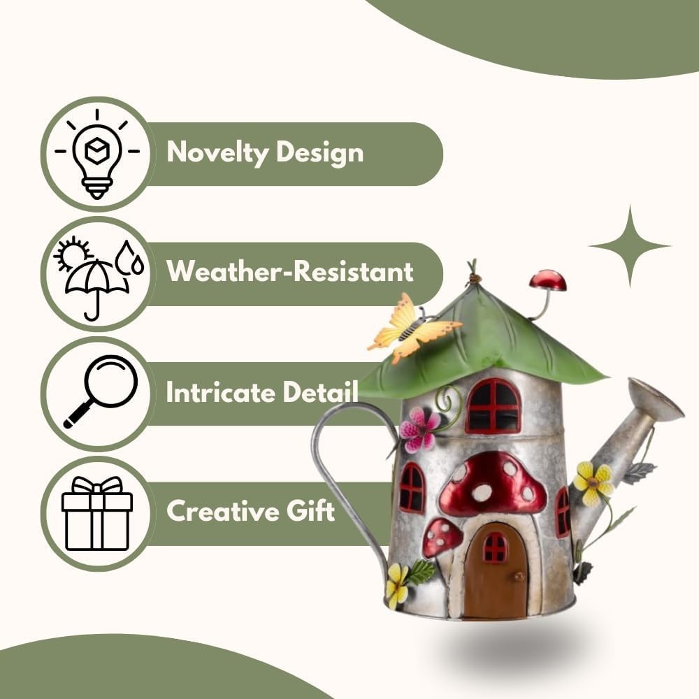 Teapot Fairy House Garden Ornament Metal Hand-Painted Weatherproof 32cm Decor