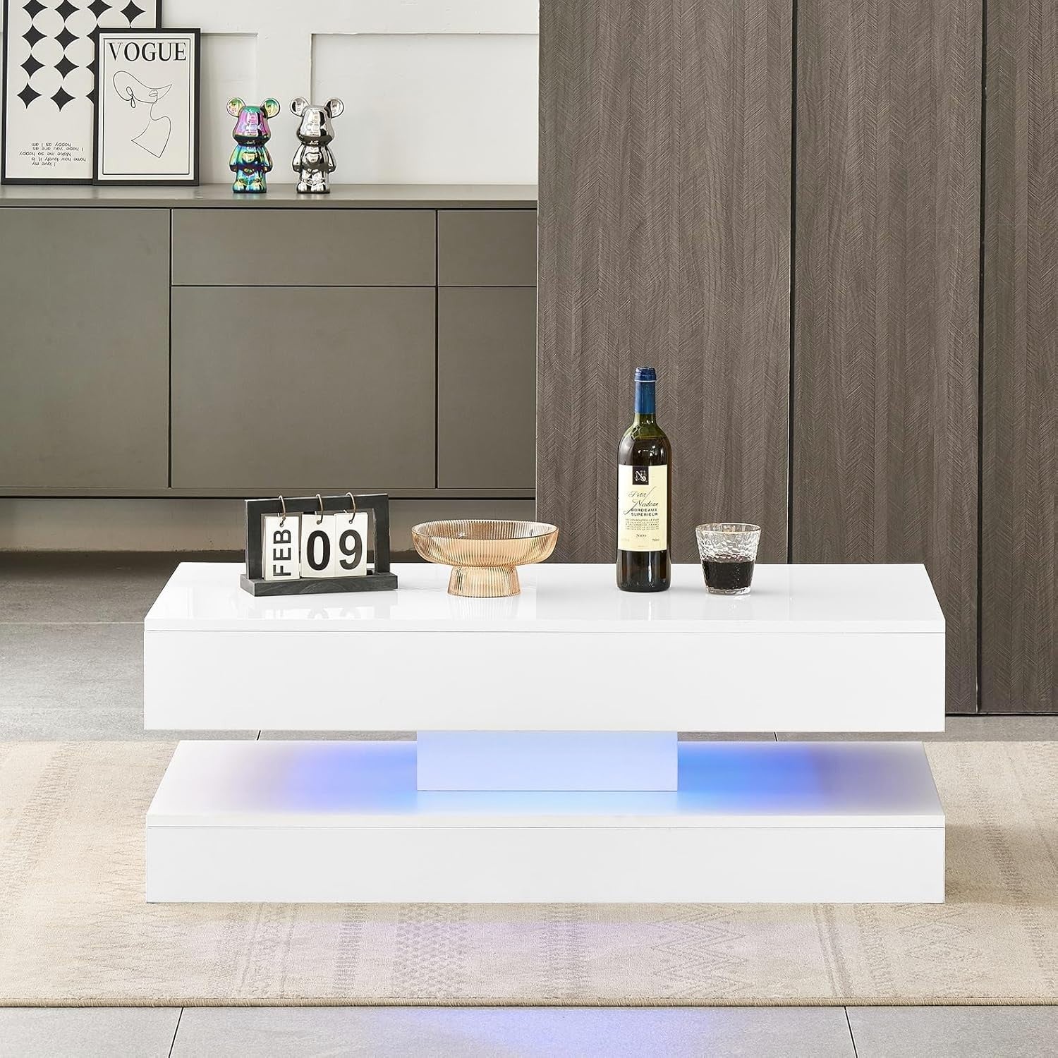 Modern White Coffee Table with LED Lights & 2 Drawers – Storage & Style