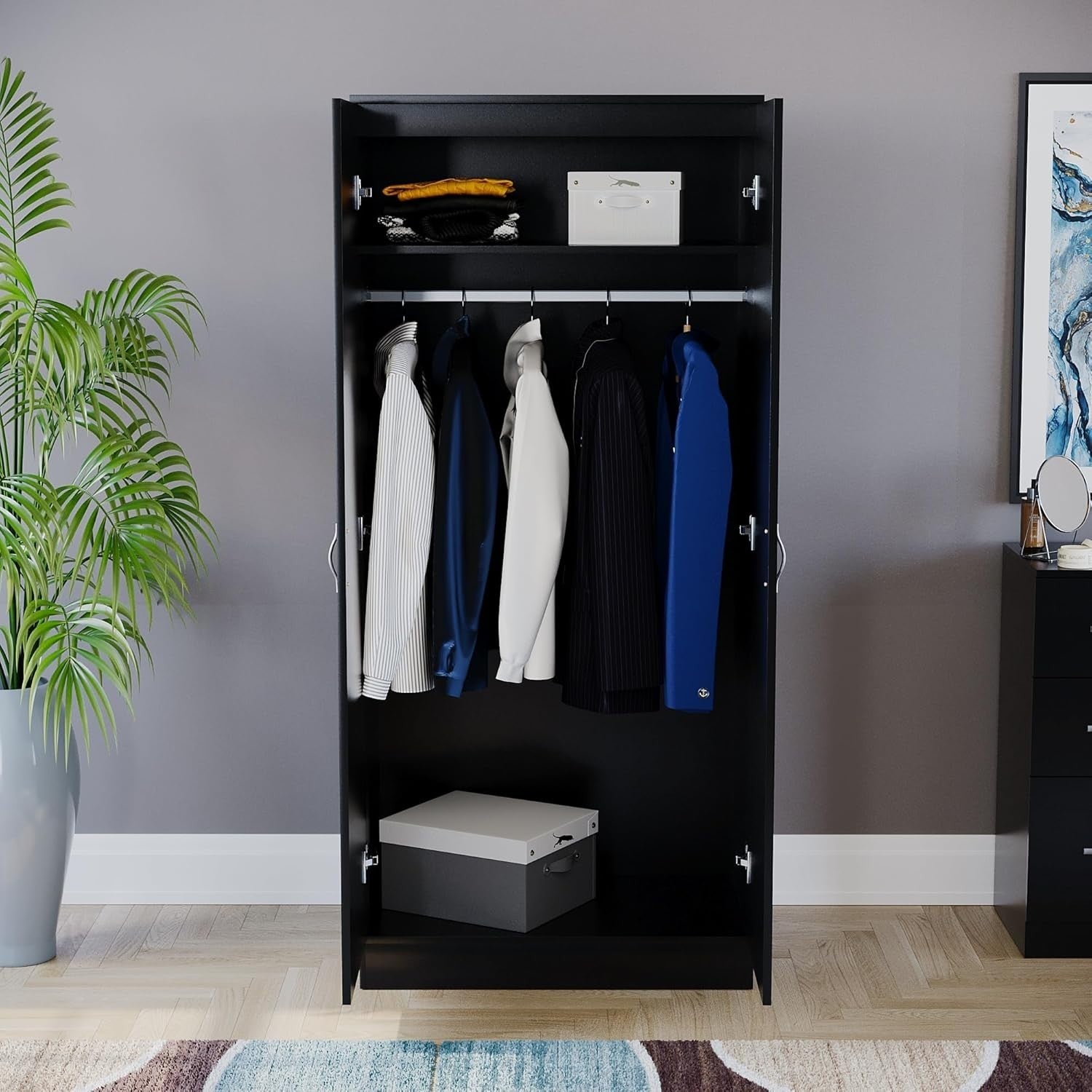 Black 2 Door Wardrobe With Shelf & Rail, Modern Bedroom Storage Unit