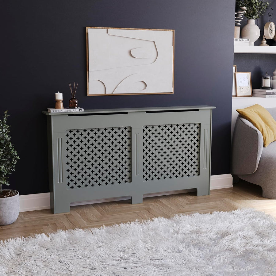 Olive Grey Radiator Cover Large Cross Design MDF Painted Modern Heat Efficient
