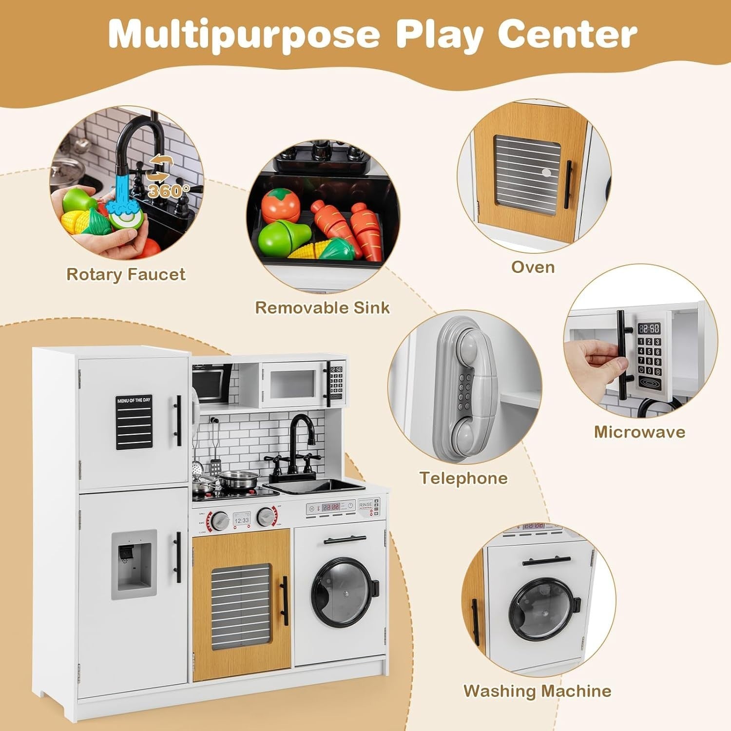 Wooden Kids Play Kitchen Lights Sounds Washer Microwave White Toy