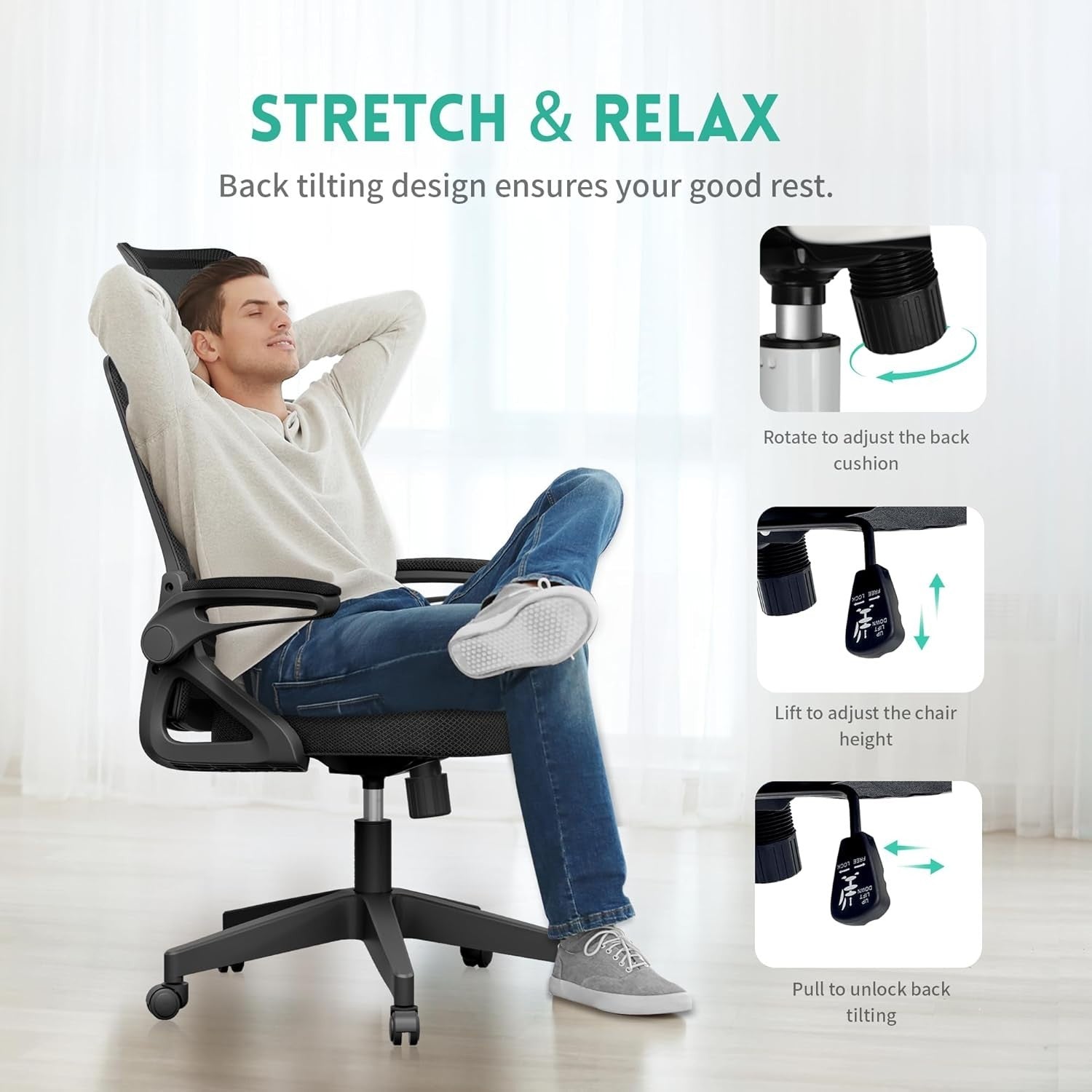 Ergonomic Office Chair Mesh Back Flip-Up Arms Adjustable Lumbar Support