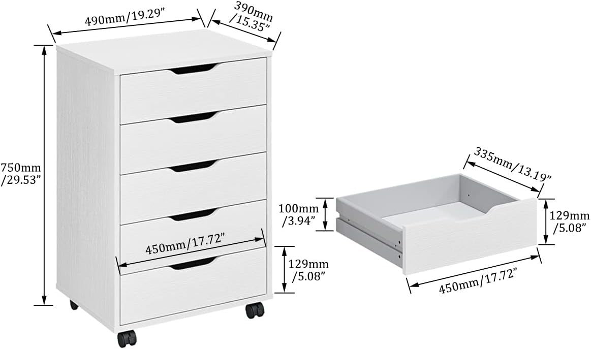 5 Drawer Mobile Filing Cabinet with Wheels Office Storage Chest White