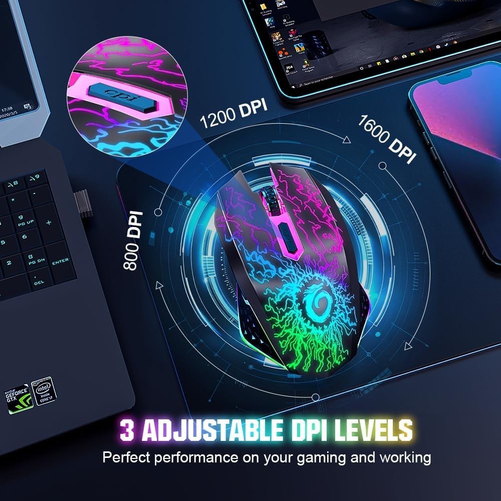 RGB Wireless Gaming Mouse Silent Click Rechargeable 2.4G USB PC Laptop