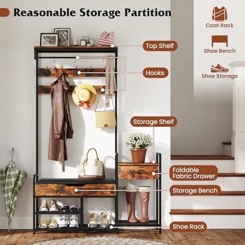Freestanding Hall Tree Coat Rack with Shoe Storage Bench & Side Table