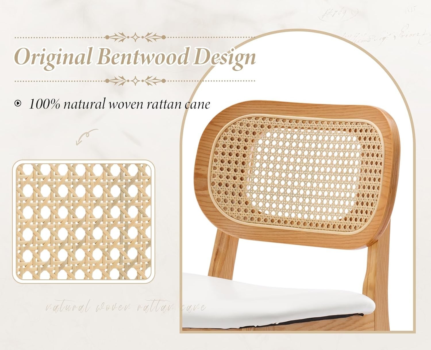 White PU Leather Bar Stool Set 2 – Rattan Backrest High Kitchen Chairs