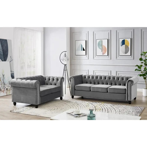 2 Seater Grey Chesterfield Sofa | Velvet Scroll Arm Studded Button Sofa UK