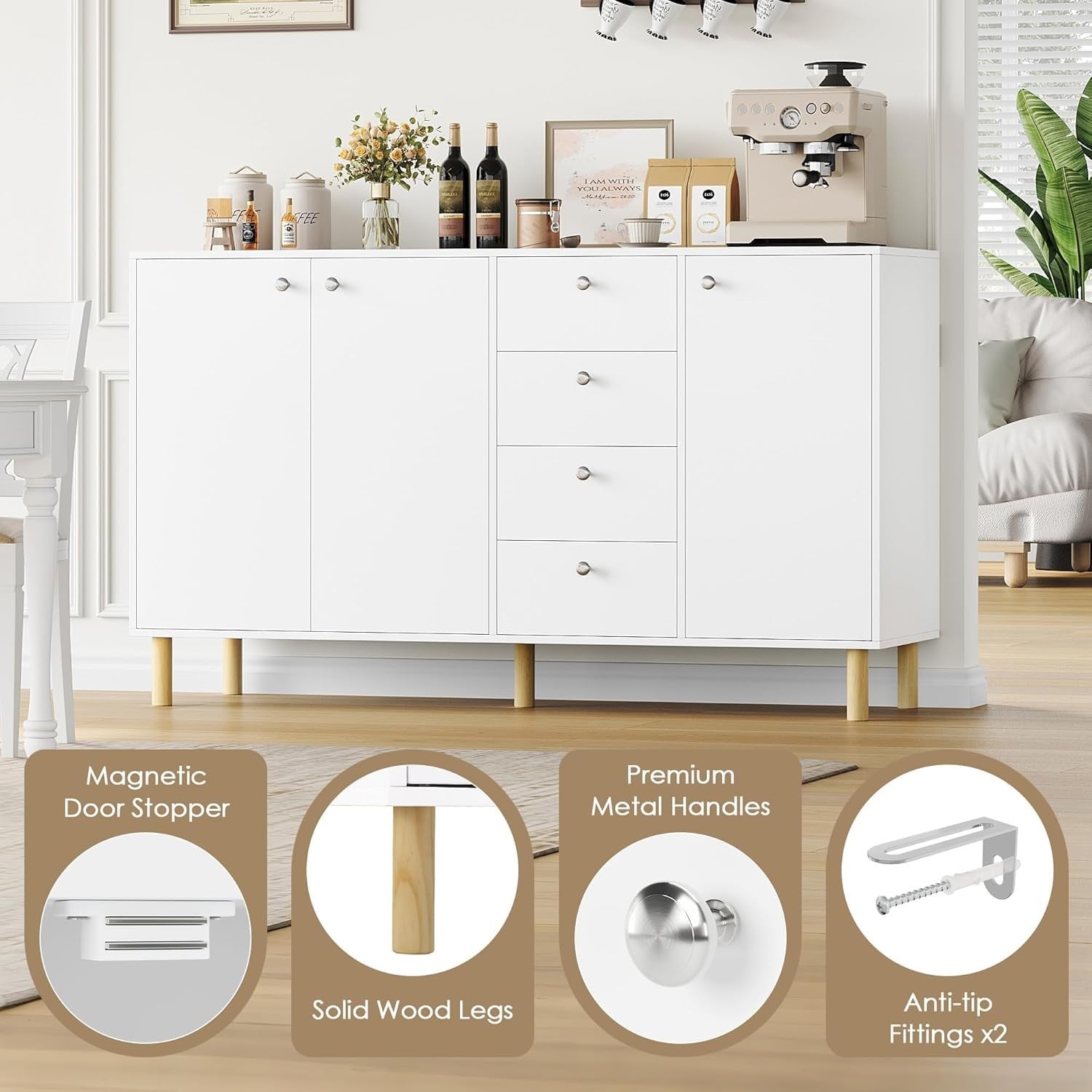 Modern White Sideboard Cabinet with Drawers & Doors 140cm Storage Unit